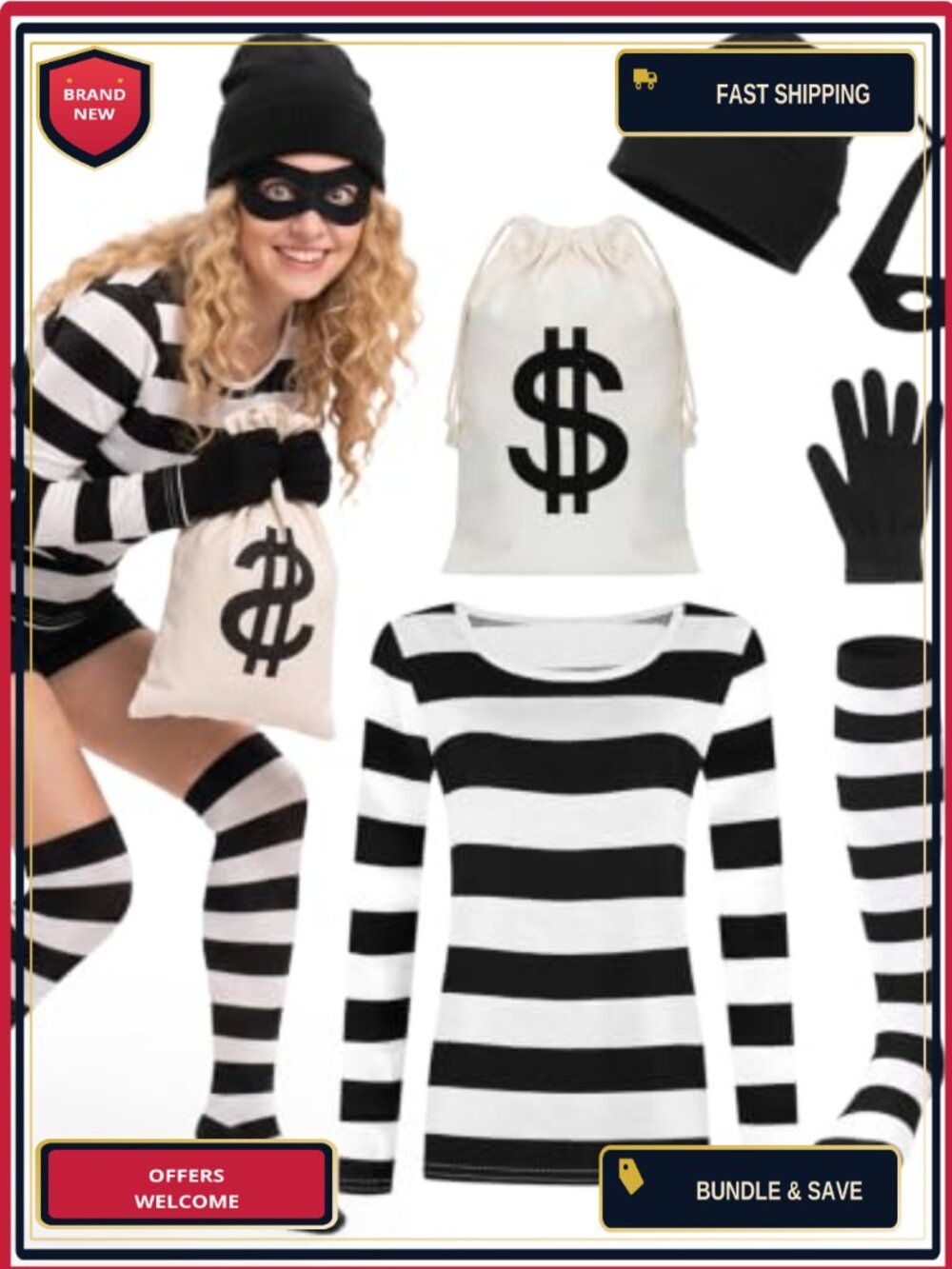 Women's Robber Costume Set Striped Tee Knee-High Socks Gloves Beanie Money Bag